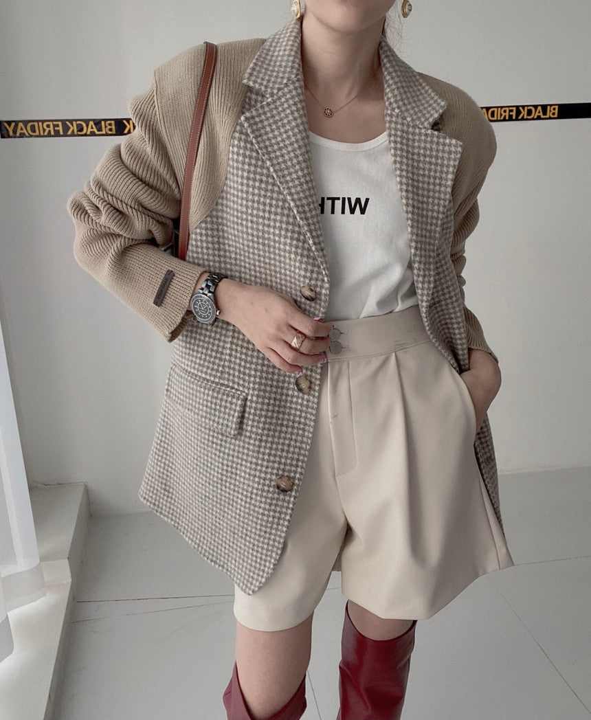 【outer】ニット切り替え長袖秋冬ラシャ生地コートG23993