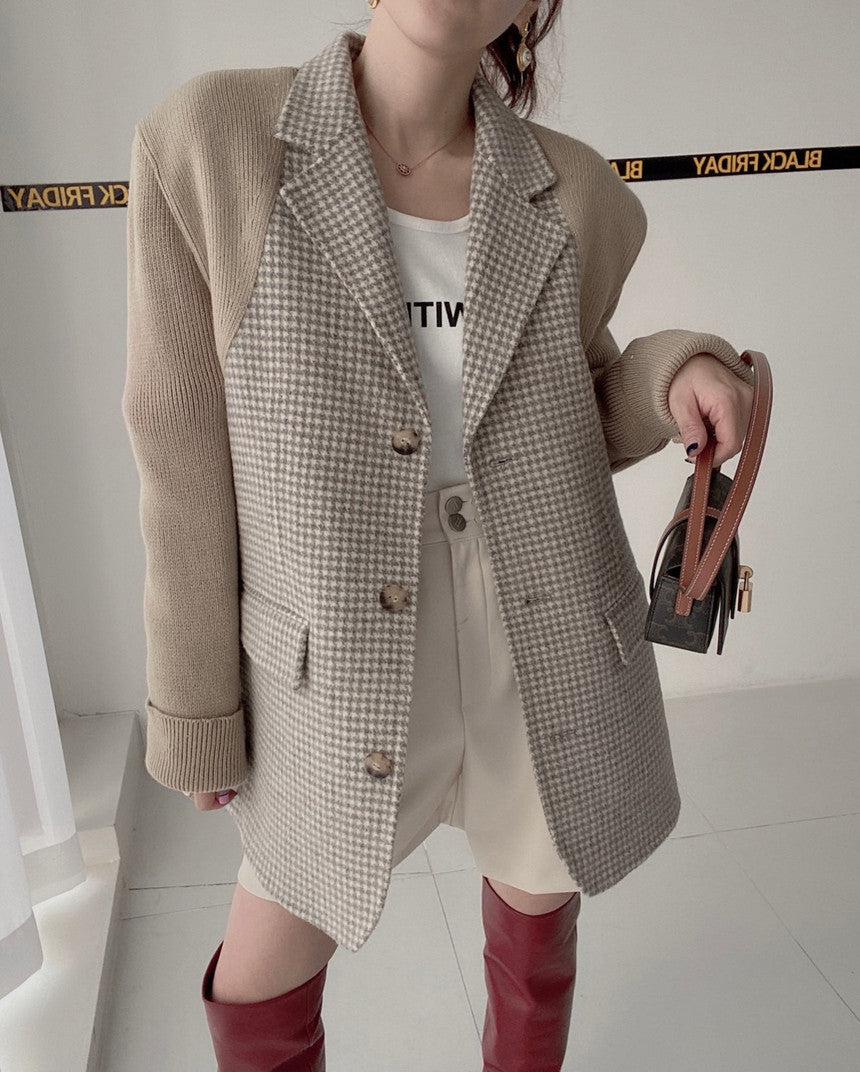 【outer】ニット切り替え長袖秋冬ラシャ生地コートG23993