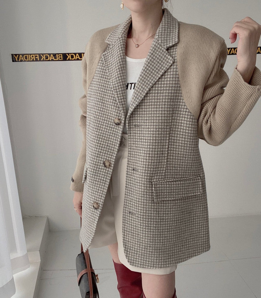 【outer】ニット切り替え長袖秋冬ラシャ生地コートG23993