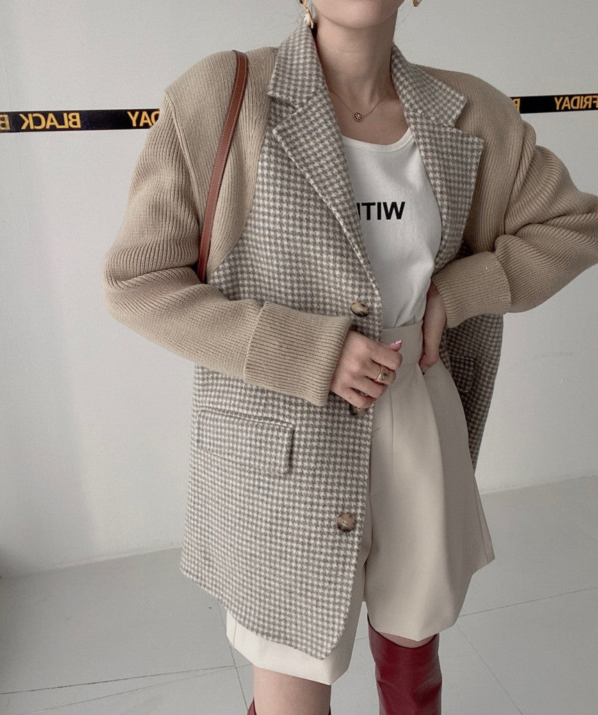 【outer】ニット切り替え長袖秋冬ラシャ生地コートG23993