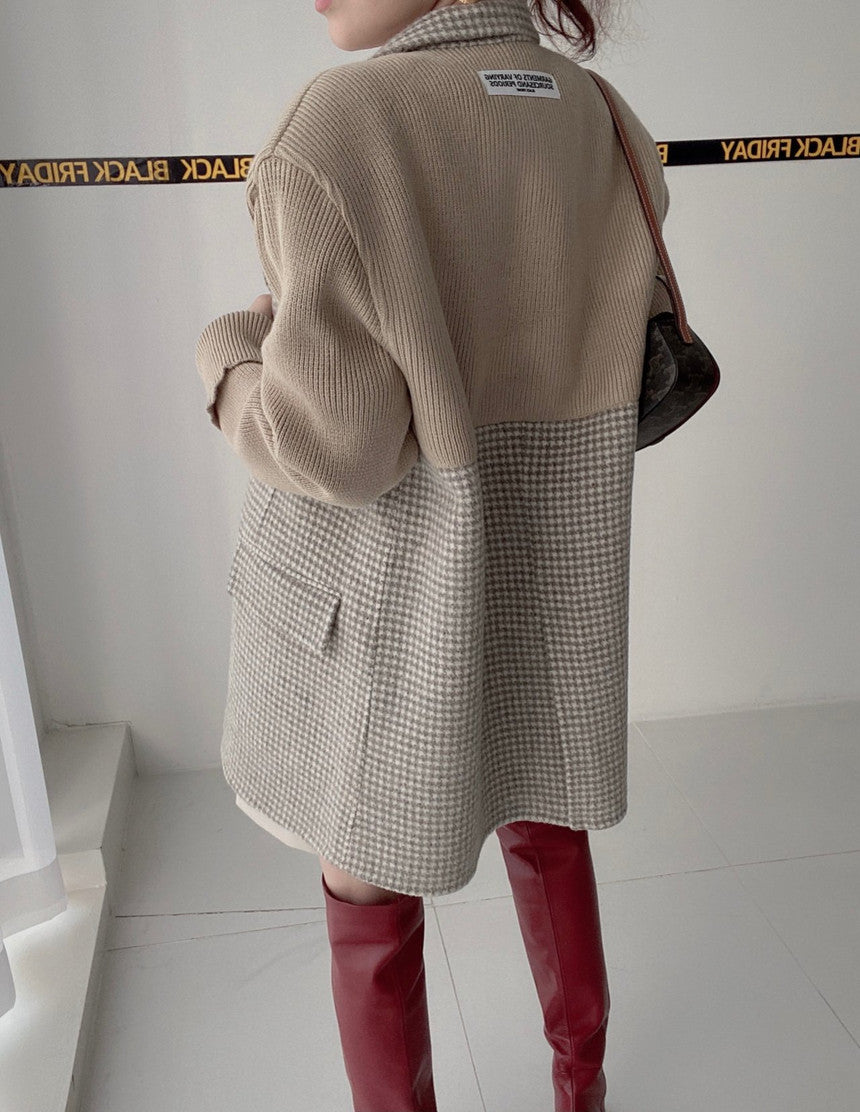 【outer】ニット切り替え長袖秋冬ラシャ生地コートG23993