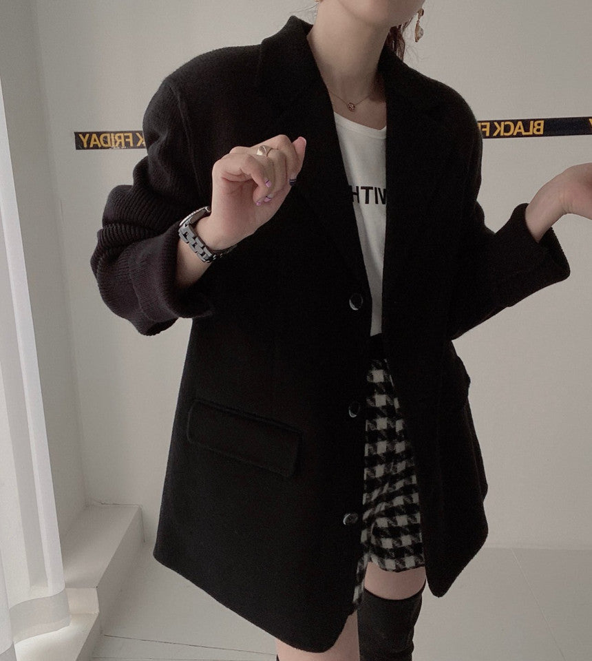 【outer】ニット切り替え長袖秋冬ラシャ生地コートG23993