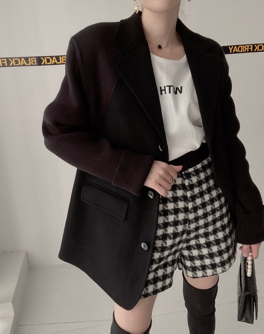 【outer】ニット切り替え長袖秋冬ラシャ生地コートG23993