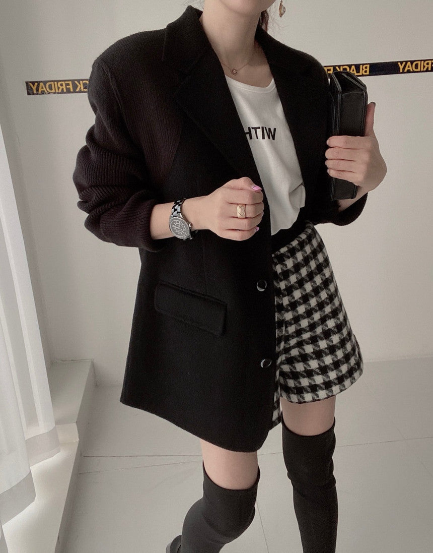 【outer】ニット切り替え長袖秋冬ラシャ生地コートG23993