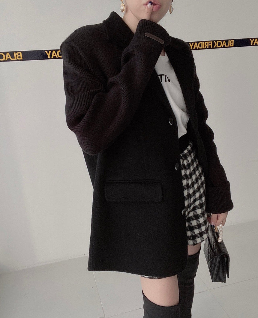 【outer】ニット切り替え長袖秋冬ラシャ生地コートG23993