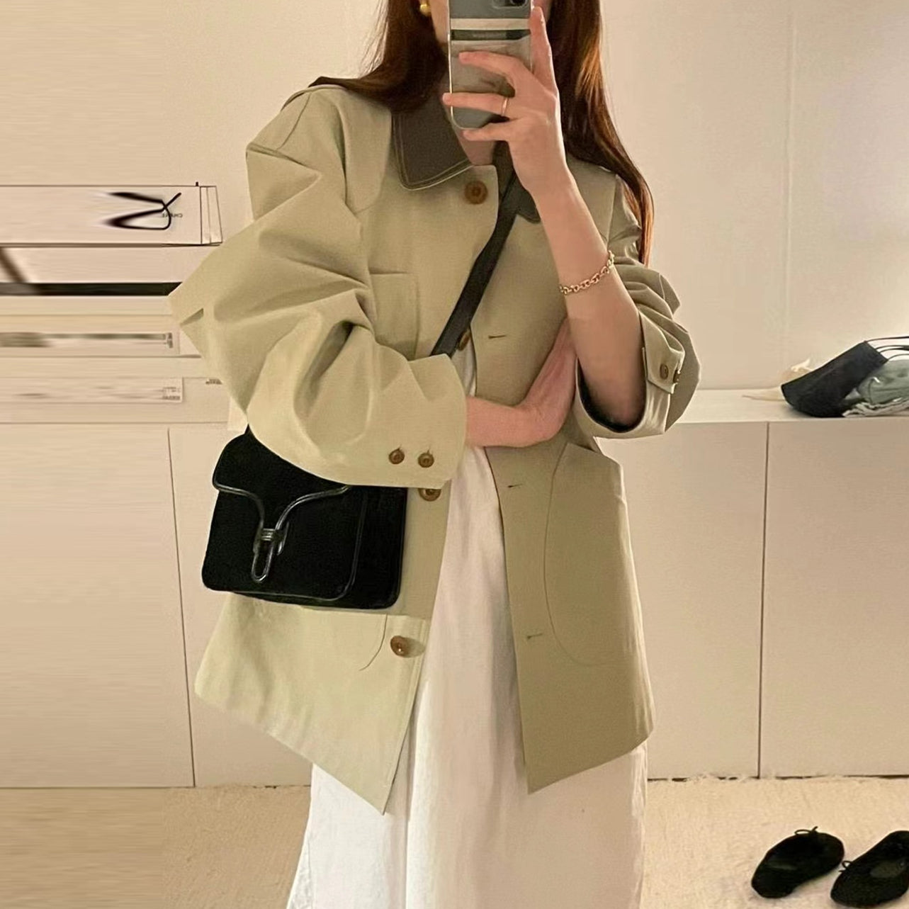 【outer】折り襟長袖秋トレンチコートG24001