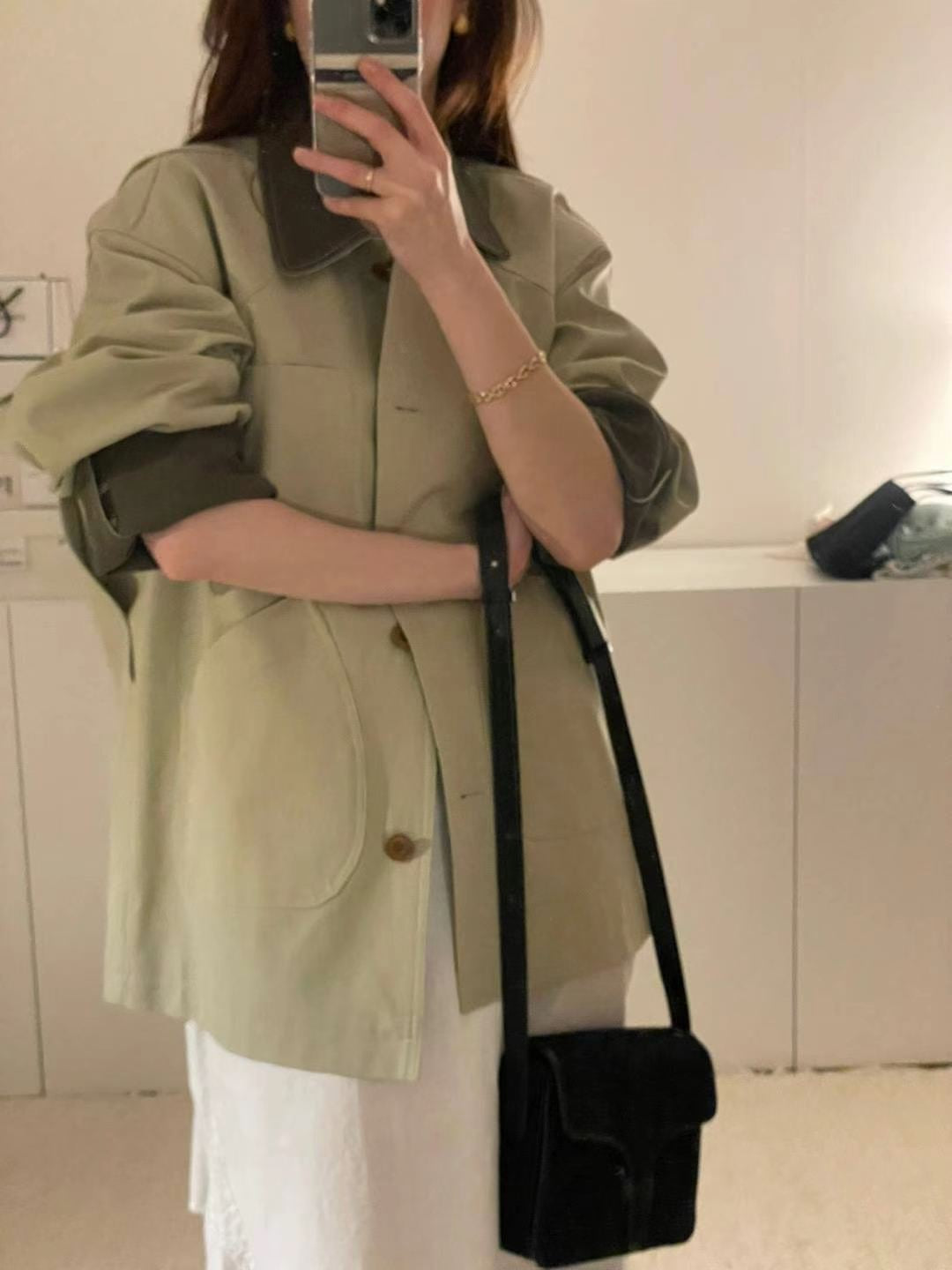 【outer】折り襟長袖秋トレンチコートG24001