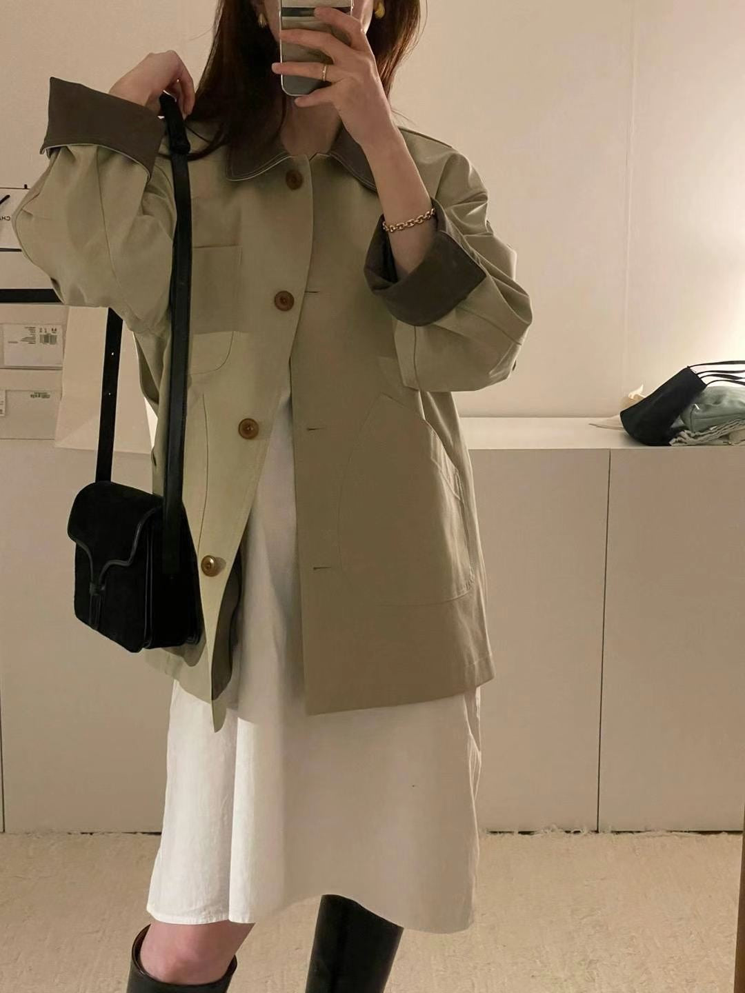 【outer】折り襟長袖秋トレンチコートG24001