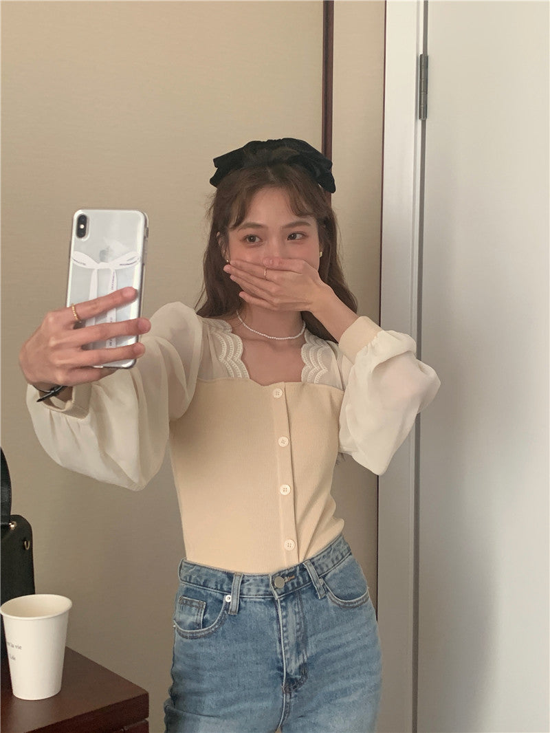 【tops】スクエアネック偽二つ切り替え長袖ブラウスG24005