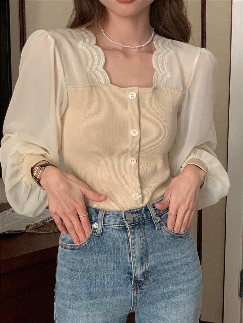 【tops】スクエアネック偽二つ切り替え長袖ブラウスG24005