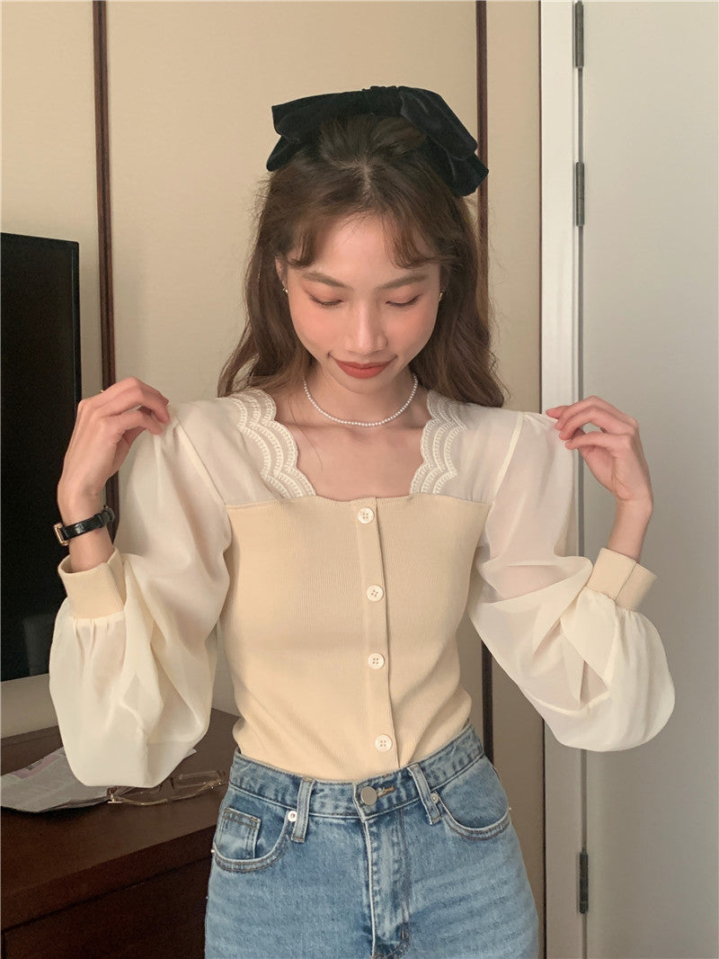 【tops】スクエアネック偽二つ切り替え長袖ブラウスG24005