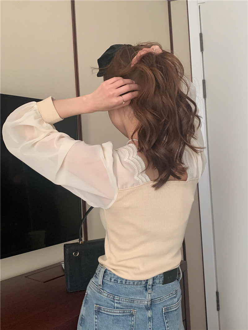 【tops】スクエアネック偽二つ切り替え長袖ブラウスG24005