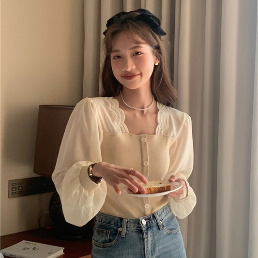 【tops】スクエアネック偽二つ切り替え長袖ブラウスG24005