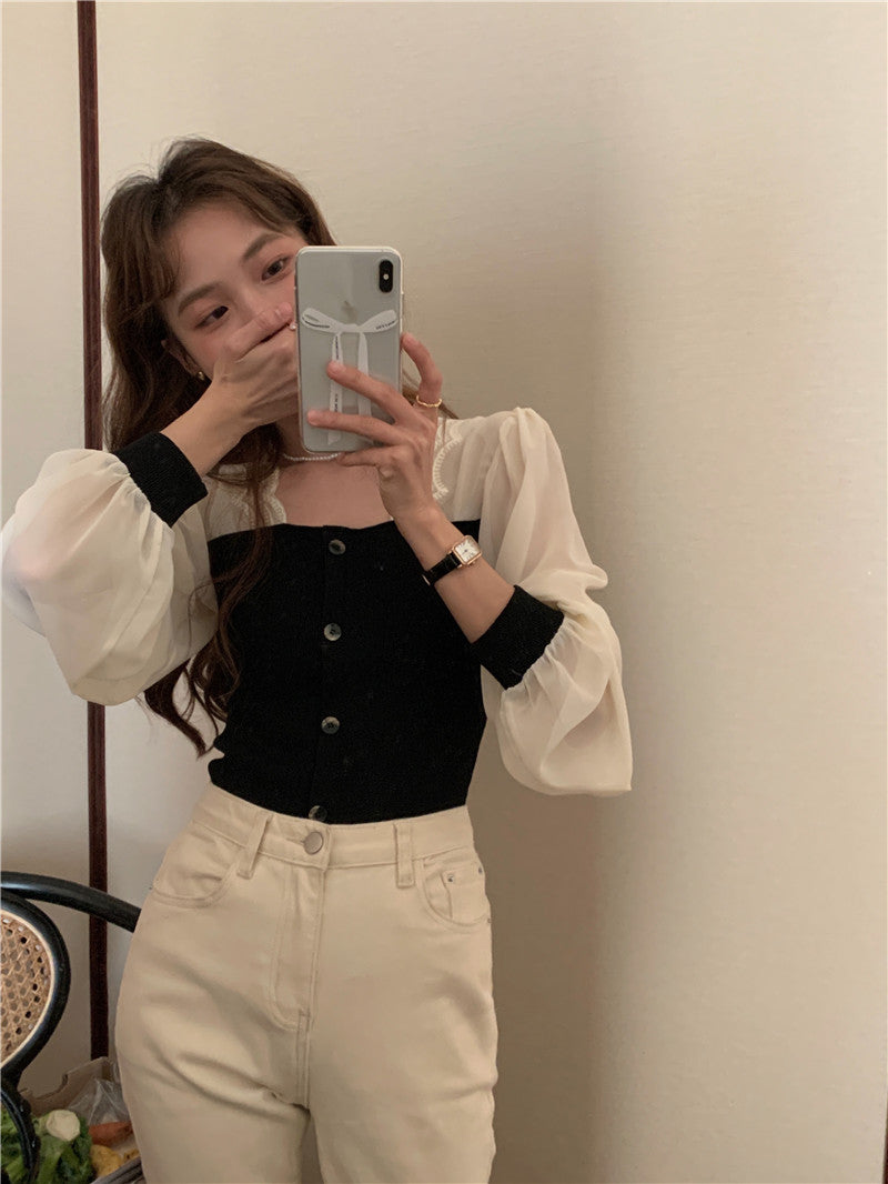 【tops】スクエアネック偽二つ切り替え長袖ブラウスG24005