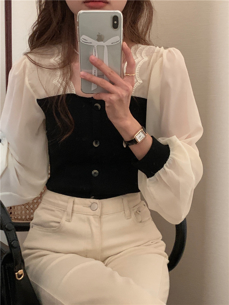 【tops】スクエアネック偽二つ切り替え長袖ブラウスG24005