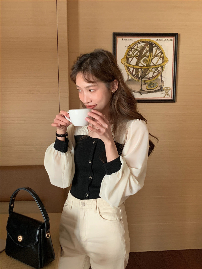 【tops】スクエアネック偽二つ切り替え長袖ブラウスG24005