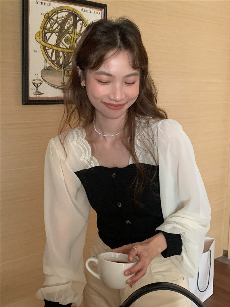 【tops】スクエアネック偽二つ切り替え長袖ブラウスG24005