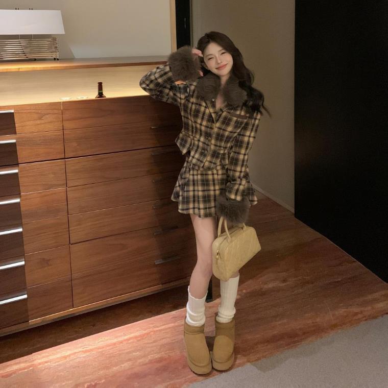 【set】ファーコート+キュロットスカート２点セットF8282