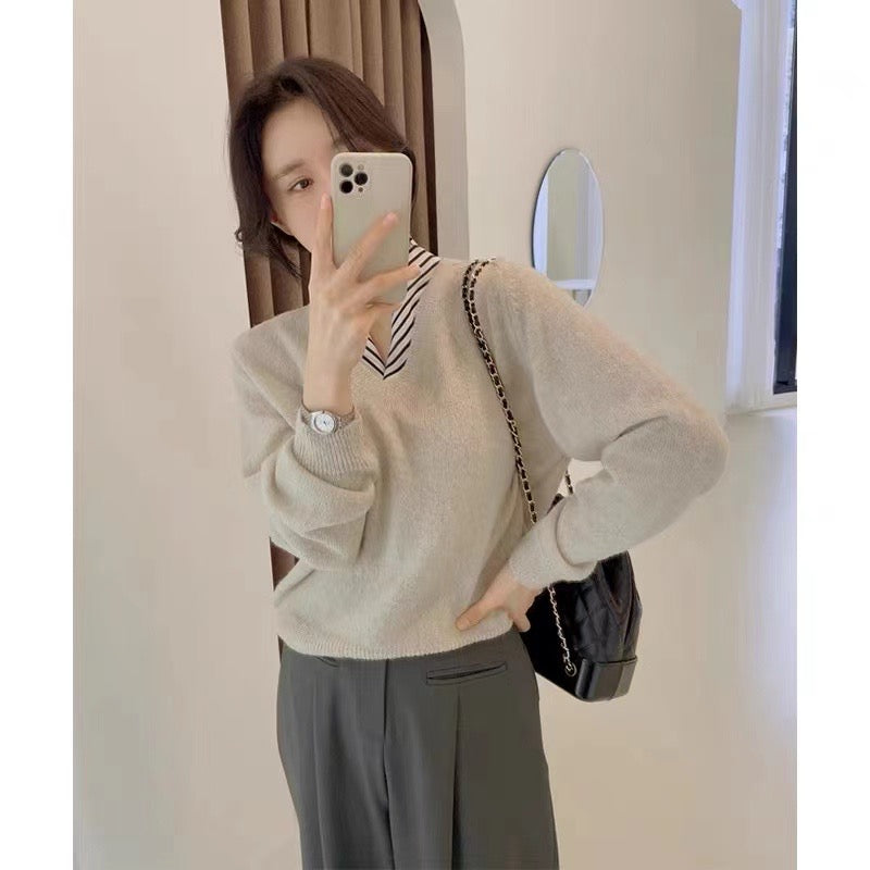 【tops】偽二つ切り替えニットセーターG24025