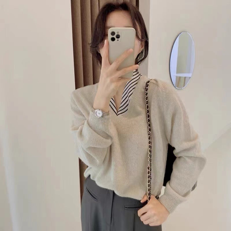 【tops】偽二つ切り替えニットセーターG24025