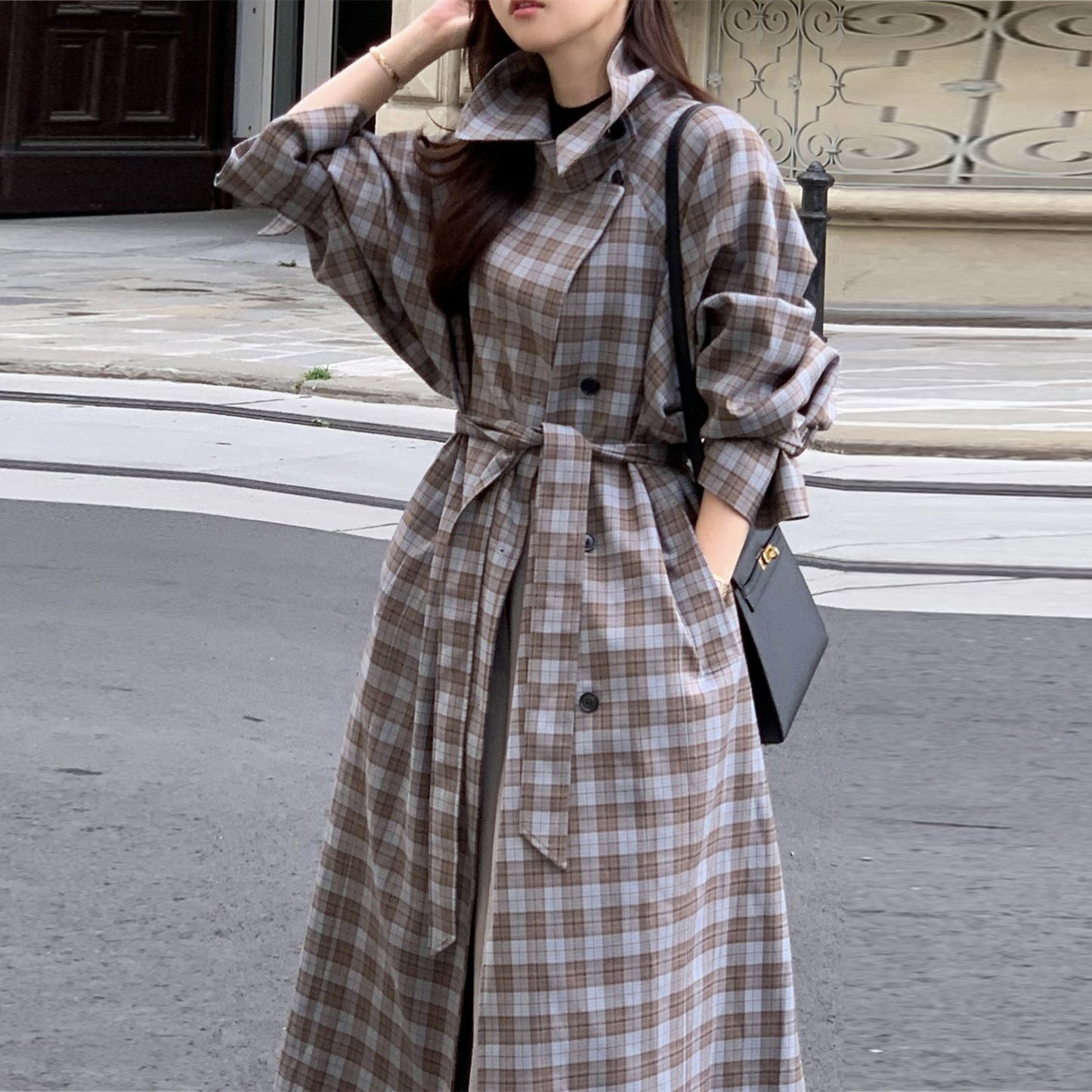 【outer】秋冬チェック柄ウェスト絞りトレンチコートG24032
