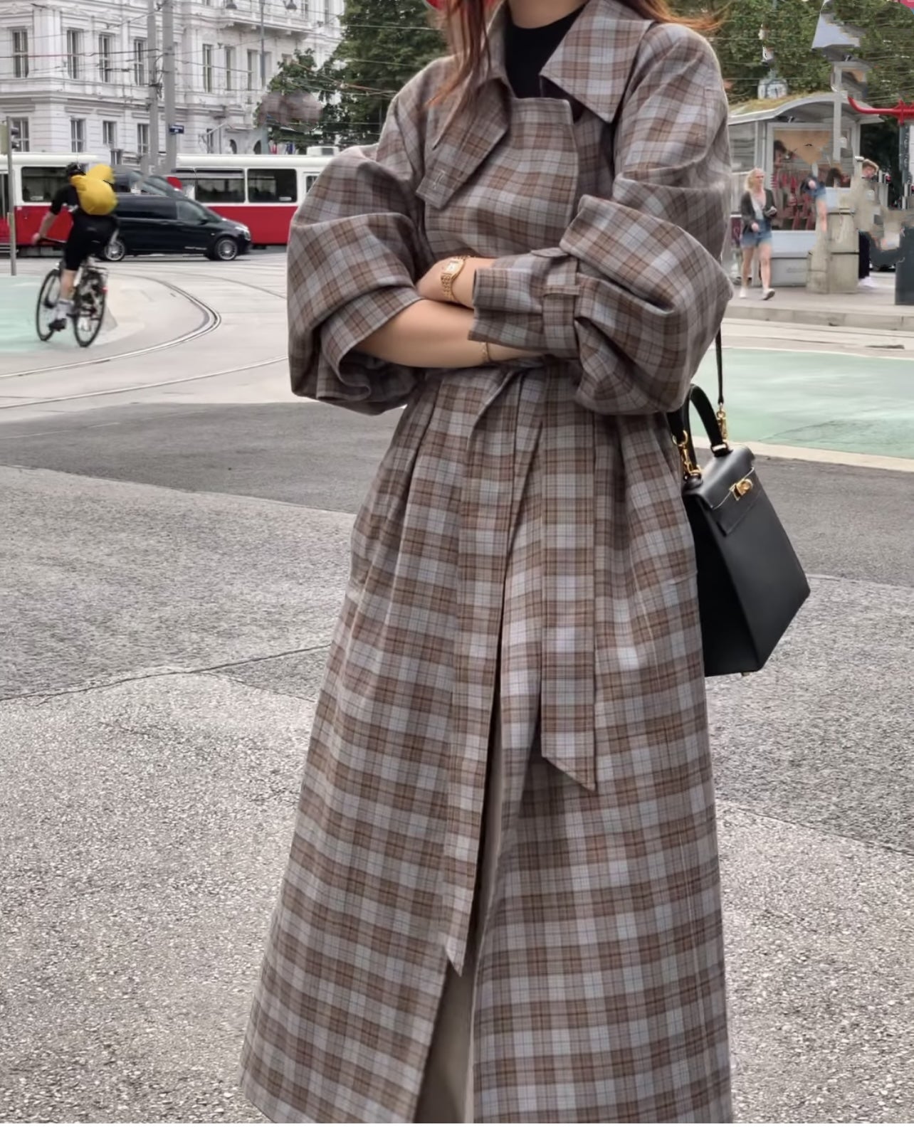 【outer】秋冬チェック柄ウェスト絞りトレンチコートG24032