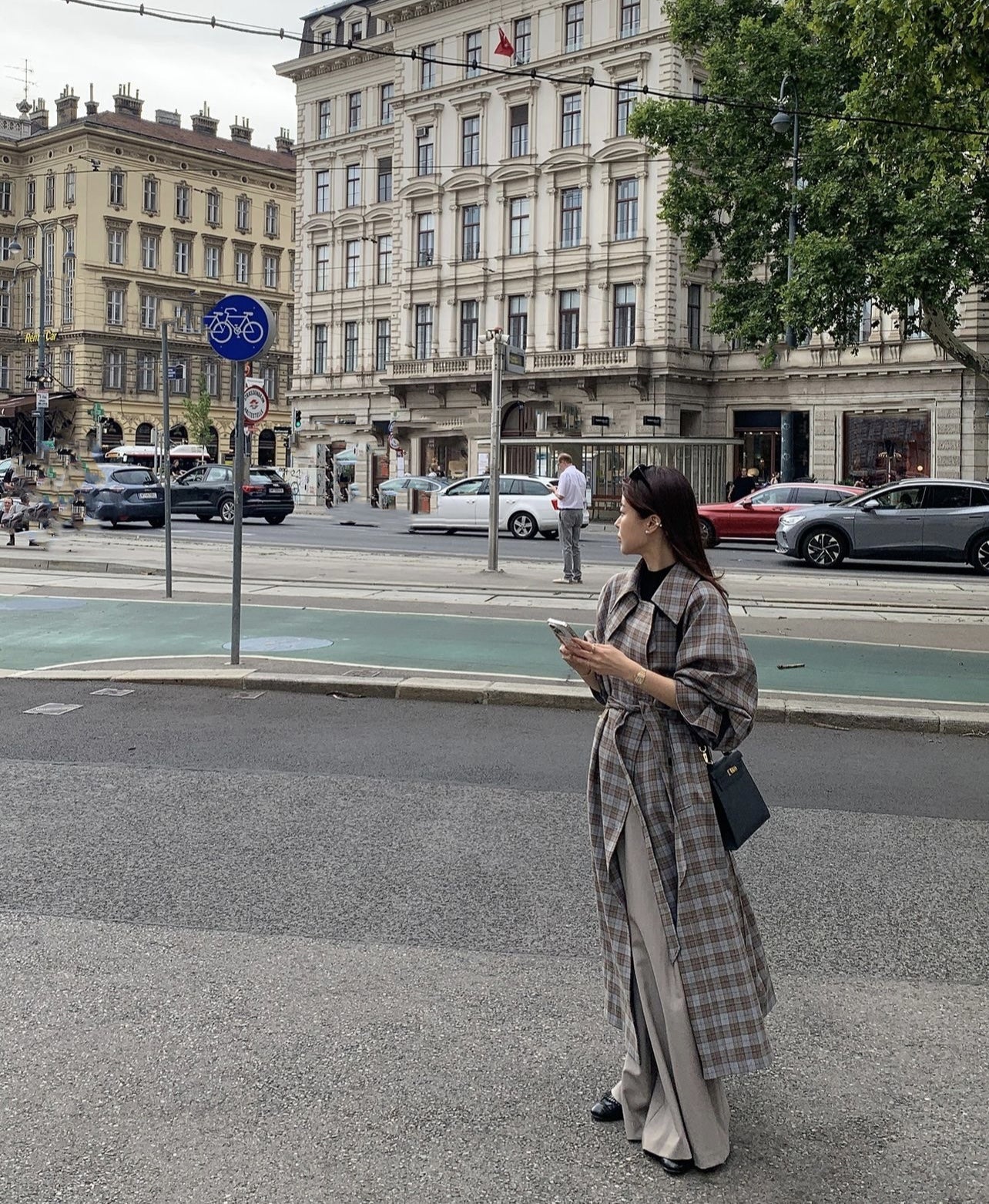 【outer】秋冬チェック柄ウェスト絞りトレンチコートG24032