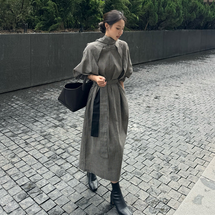 【dress】チェック柄スタンドネックワンピースG24033