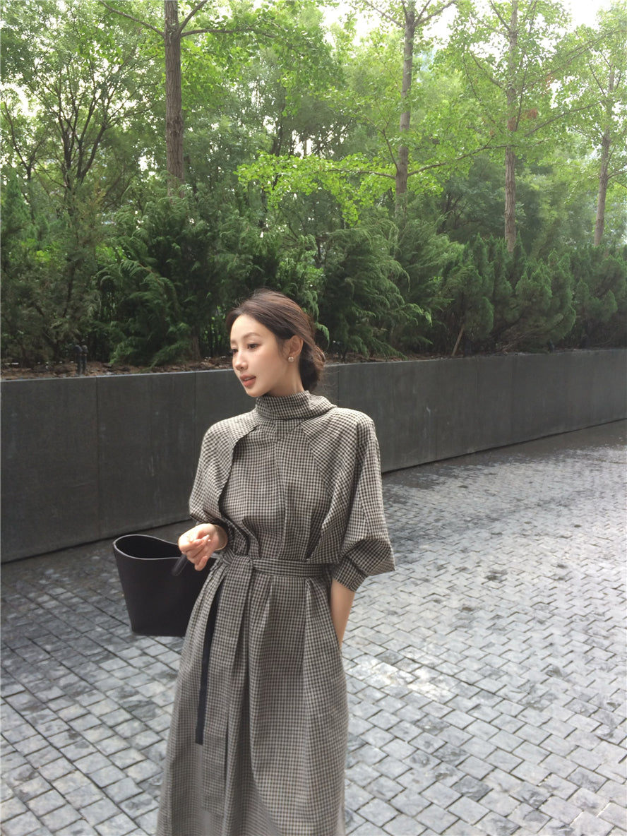 【dress】チェック柄スタンドネックワンピースG24033