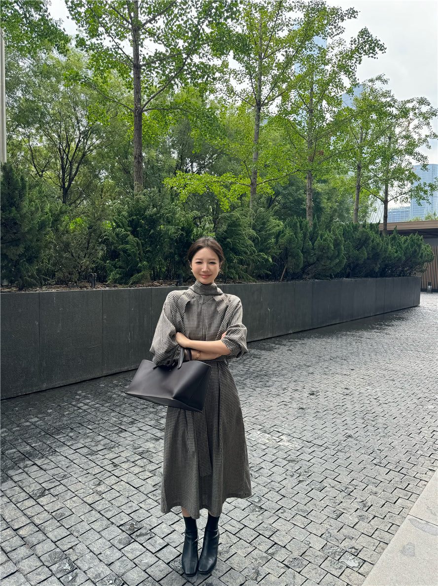 【dress】チェック柄スタンドネックワンピースG24033