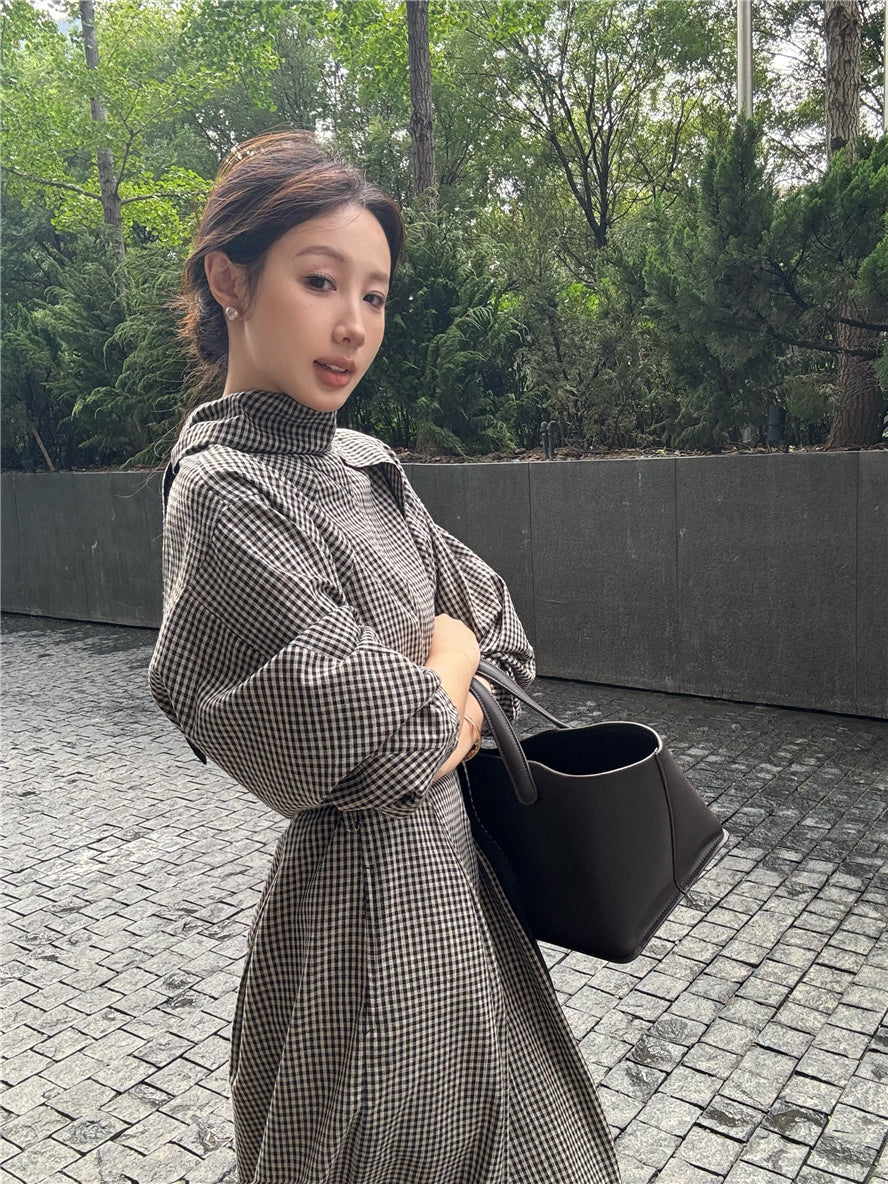 【dress】チェック柄スタンドネックワンピースG24033