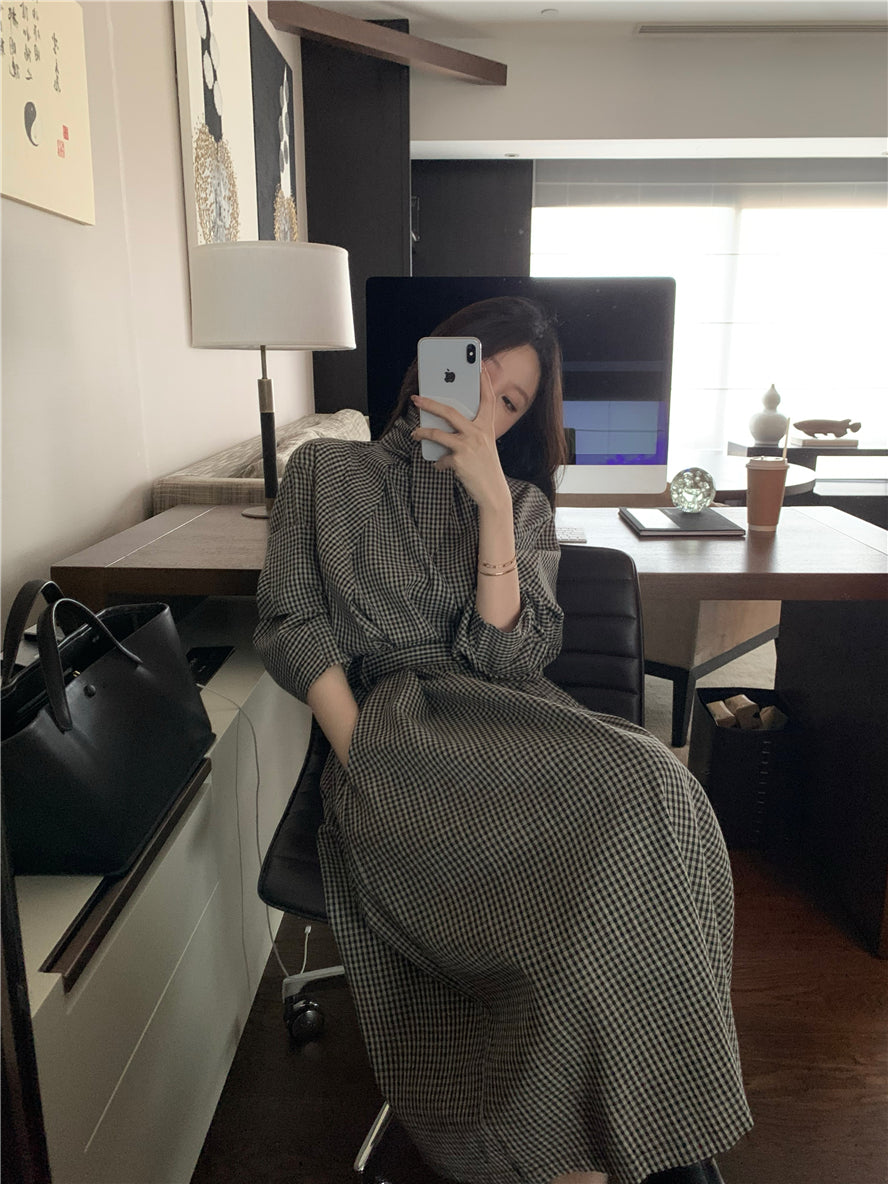 【dress】チェック柄スタンドネックワンピースG24033