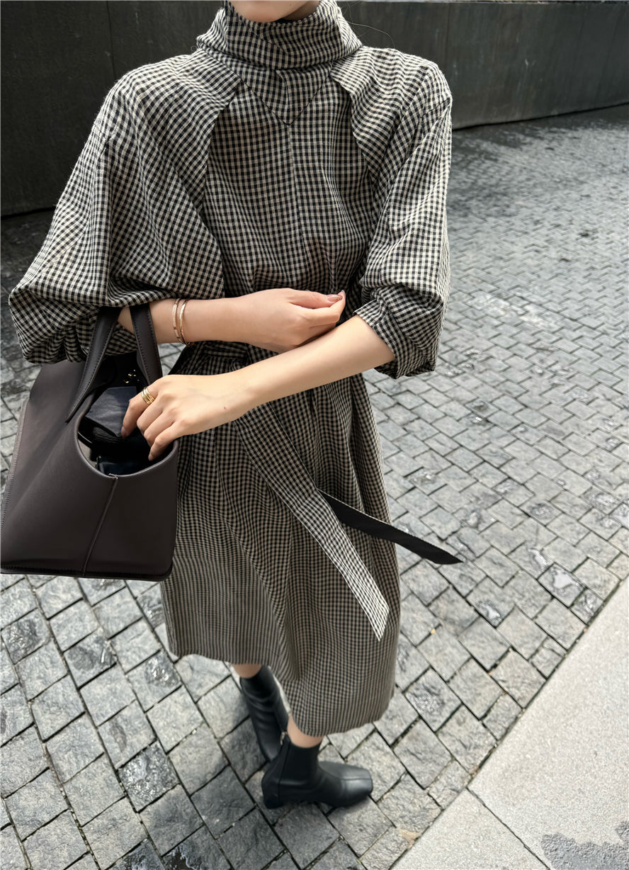 【dress】チェック柄スタンドネックワンピースG24033