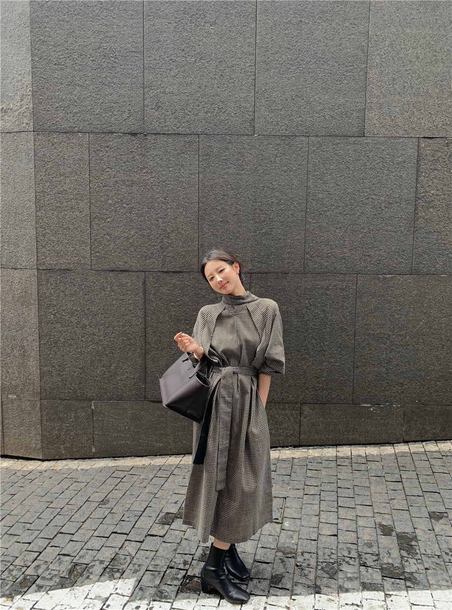 【dress】チェック柄スタンドネックワンピースG24033