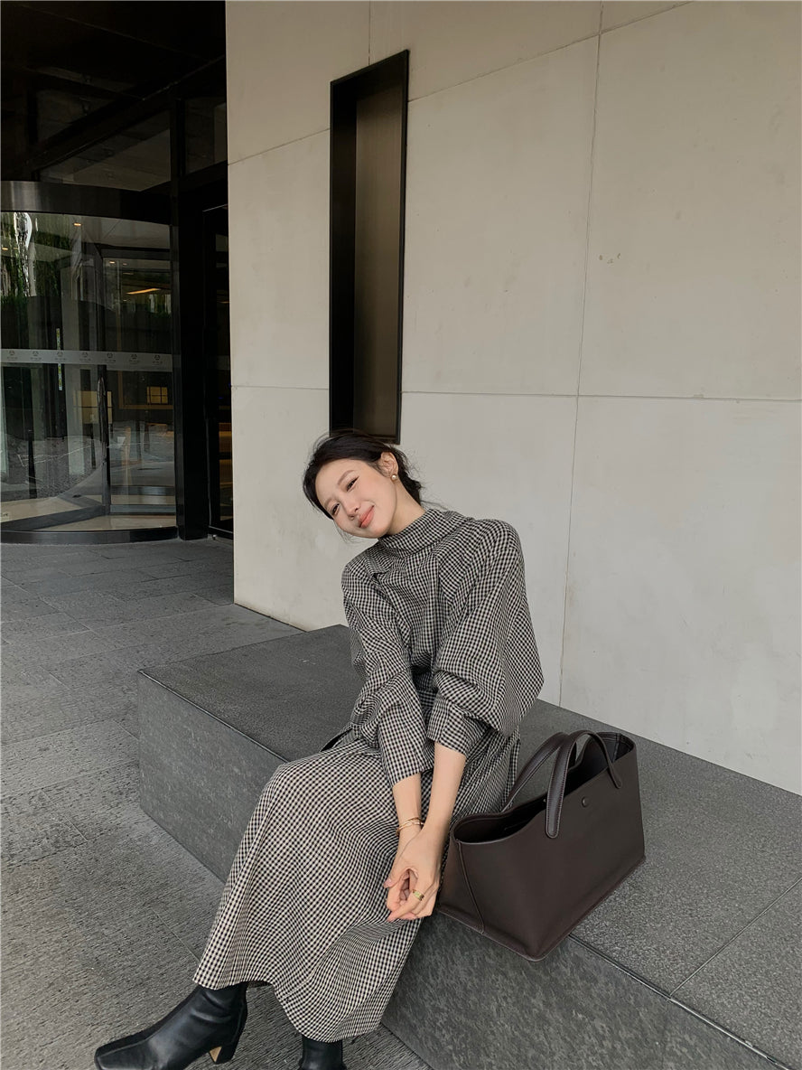 【dress】チェック柄スタンドネックワンピースG24033