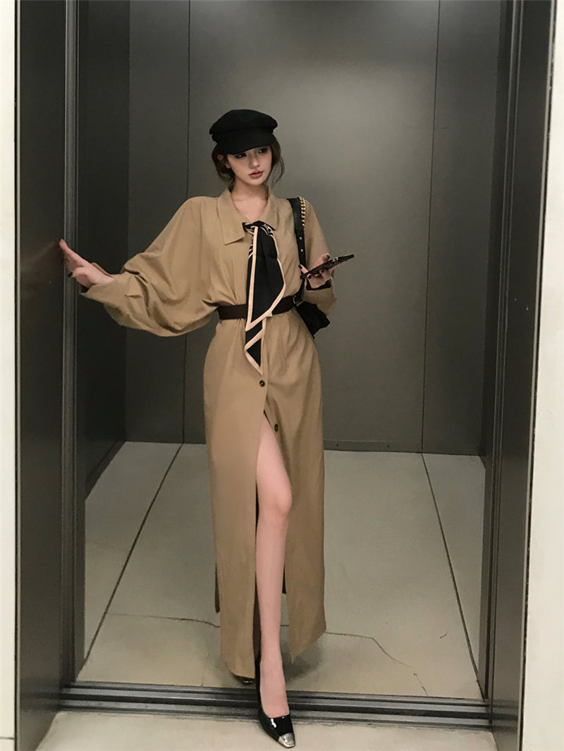 【dress】長袖シャツワンピース＋スカーフ＋ベルトG24042