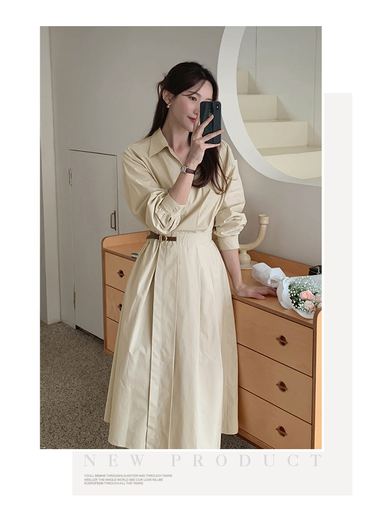 【dress】Vネック長袖シャツワンピースG24044