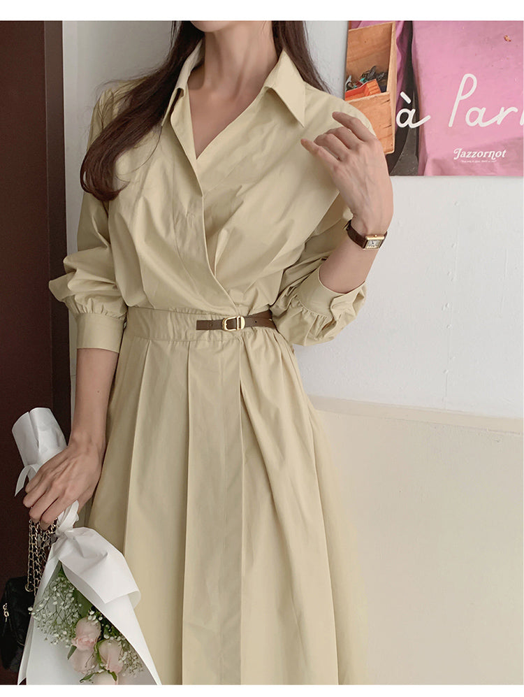 【dress】Vネック長袖シャツワンピースG24044