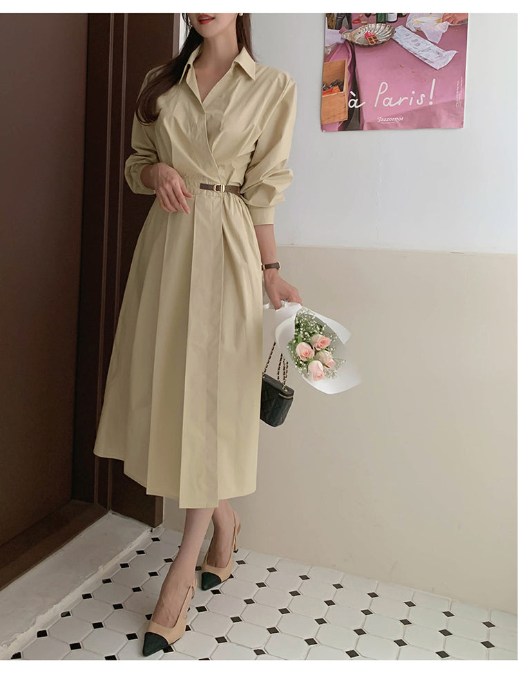 【dress】Vネック長袖シャツワンピースG24044