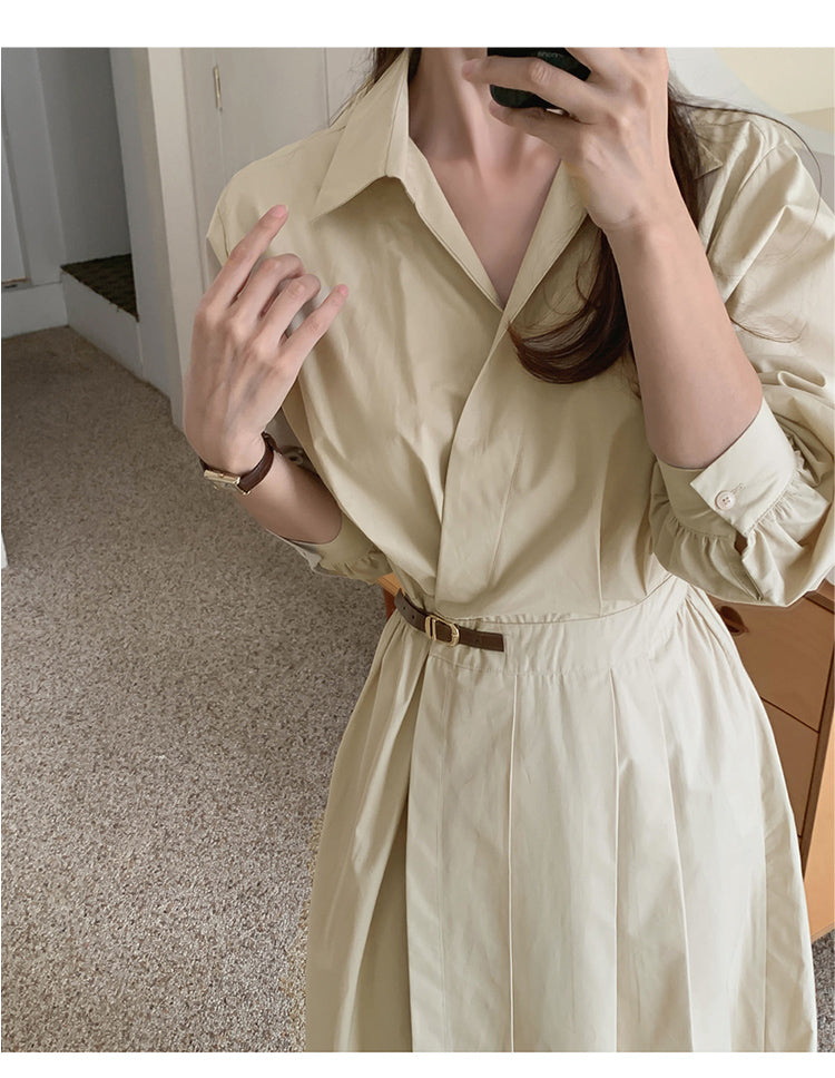 【dress】Vネック長袖シャツワンピースG24044