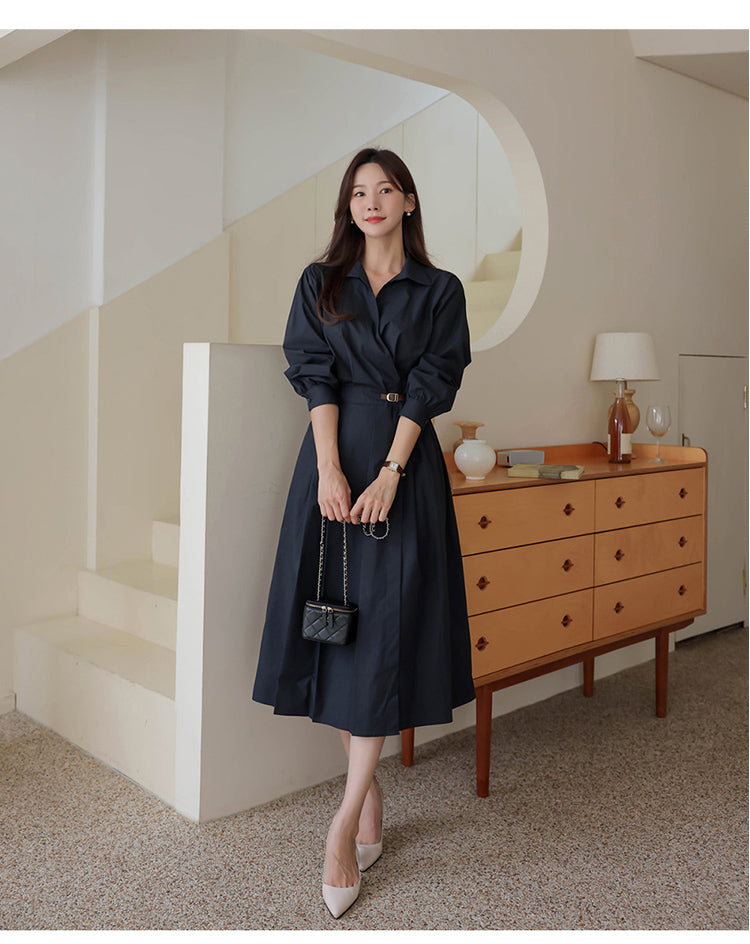 【dress】Vネック長袖シャツワンピースG24044