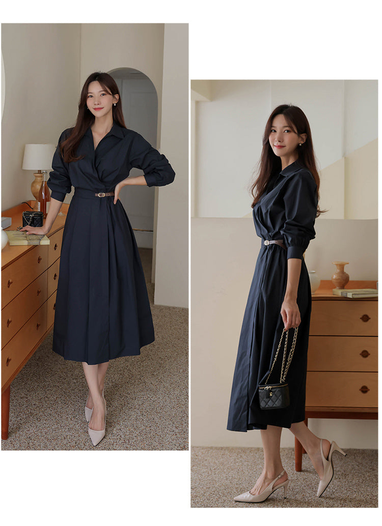 【dress】Vネック長袖シャツワンピースG24044