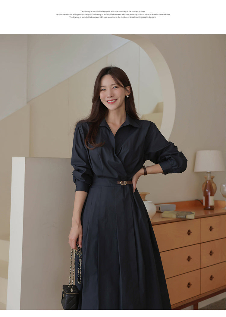 【dress】Vネック長袖シャツワンピースG24044