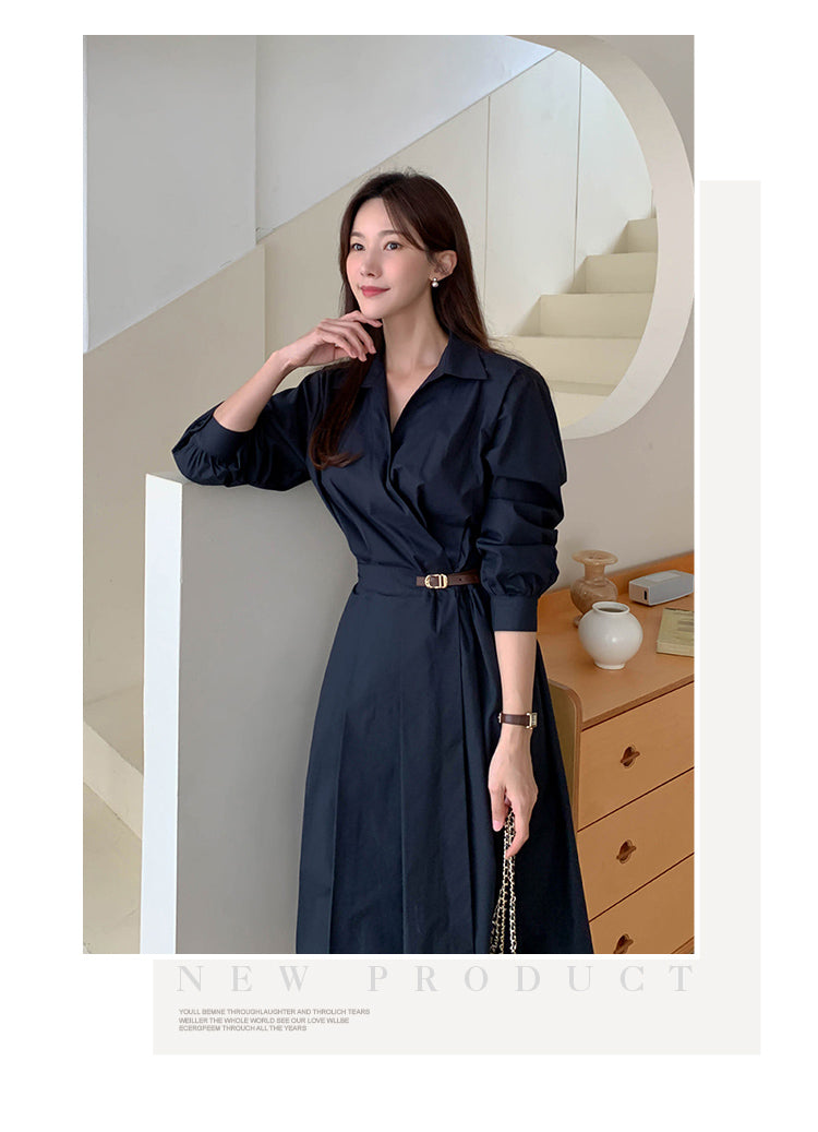 【dress】Vネック長袖シャツワンピースG24044