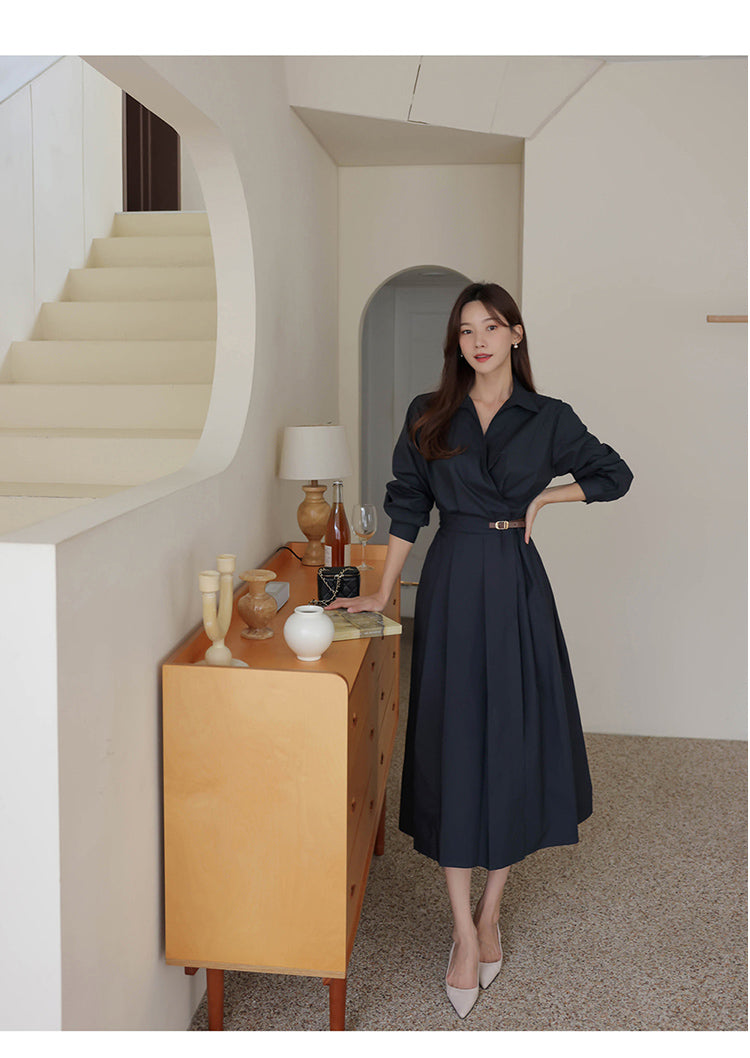 【dress】Vネック長袖シャツワンピースG24044