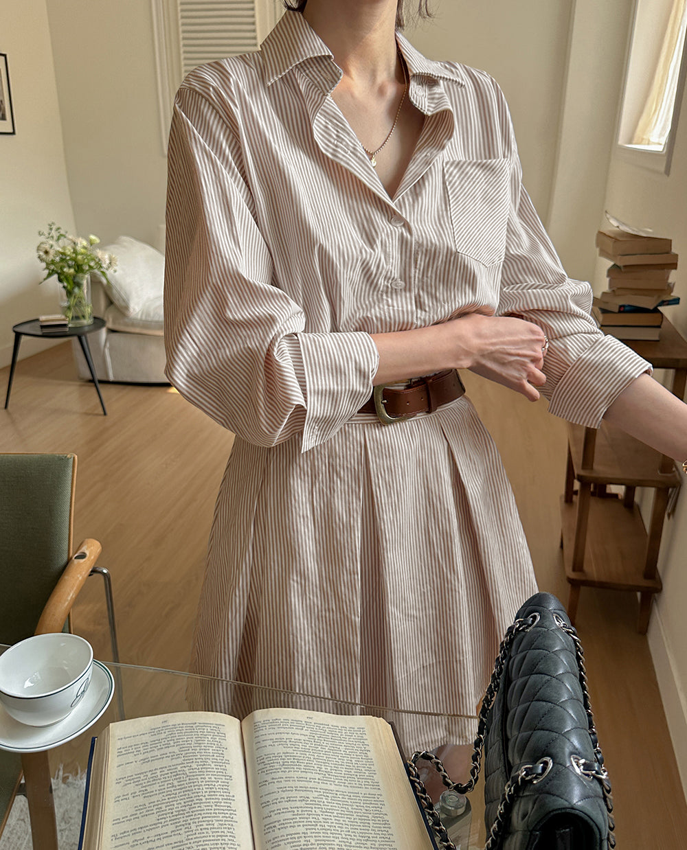 【dress】ストライプ柄長袖ワンピースG24045