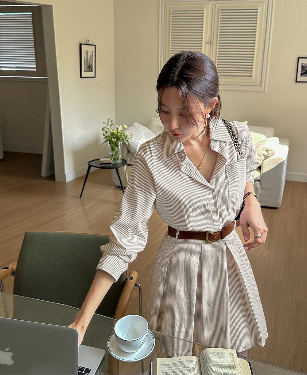 【dress】ストライプ柄長袖ワンピースG24045