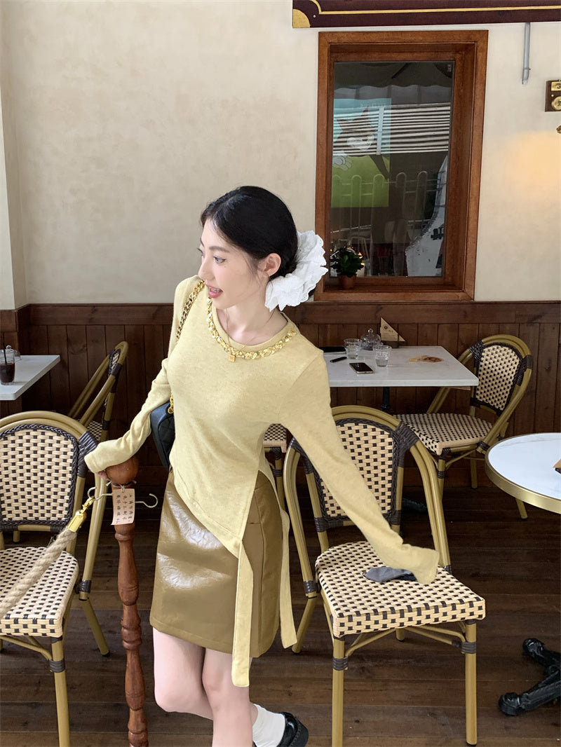 【tops】スリットニットトップスG24047