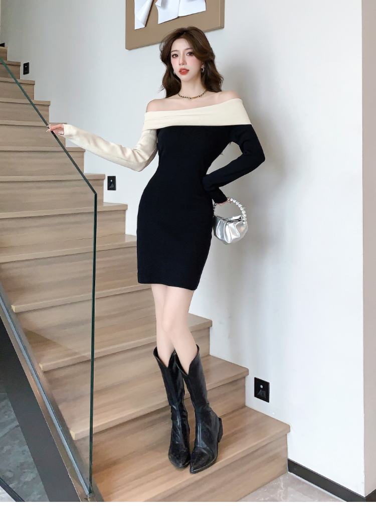 【dress】オフショルダー長袖ニットワンピースG24084