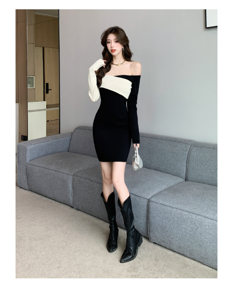 【dress】オフショルダー長袖ニットワンピースG24084